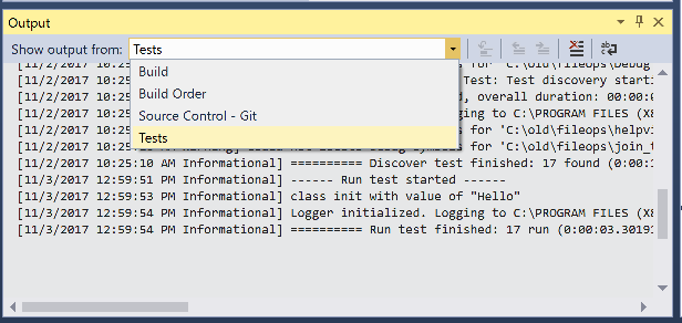 C++ Output Window showing test messages