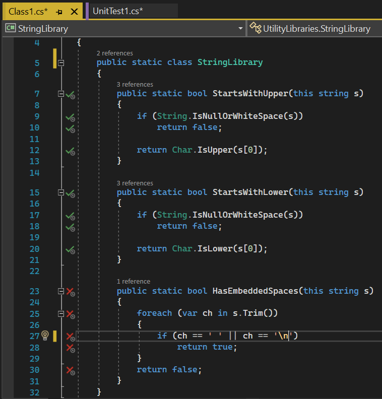 螢幕擷取畫面顯示具計時器圖示的 Visual Studio 程式碼涵蓋範圍。