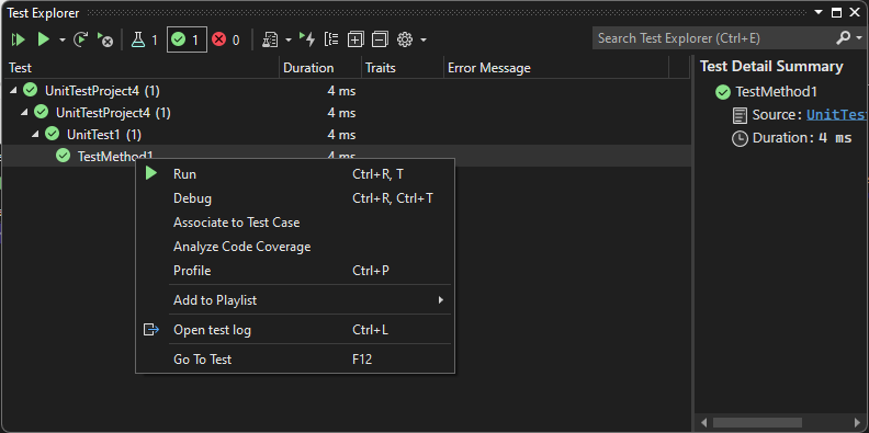 Screenshot that shows a Test Explorer context menu.