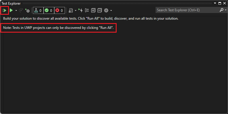 Screenshot that shows Test Explorer Run all icon.