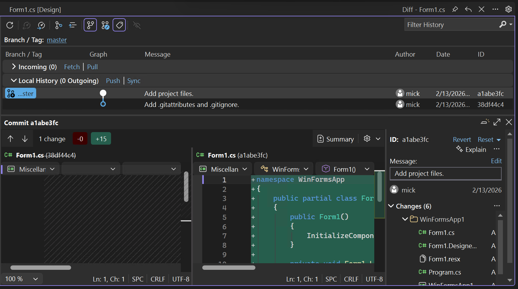 顯示 Visual Studio 中「提交詳情」對話框的截圖。