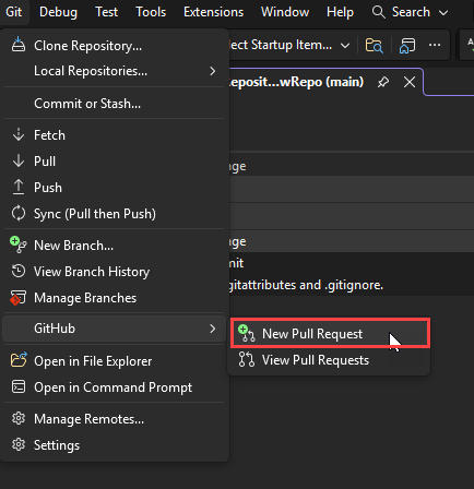 Git 頂層選單的截圖，選取 GitHub 並在 Visual Studio 中標示「新 Pull Request」文字。