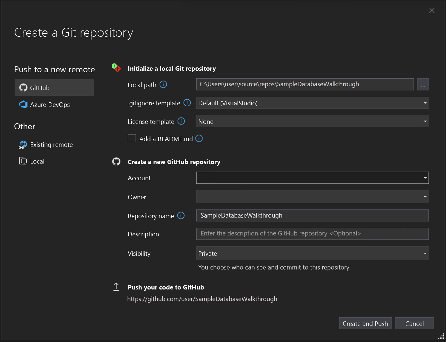 Visual Studio 的 [建立 Git 存放庫] 對話方塊螢幕擷取畫面，[GitHub] 選項醒目顯示。