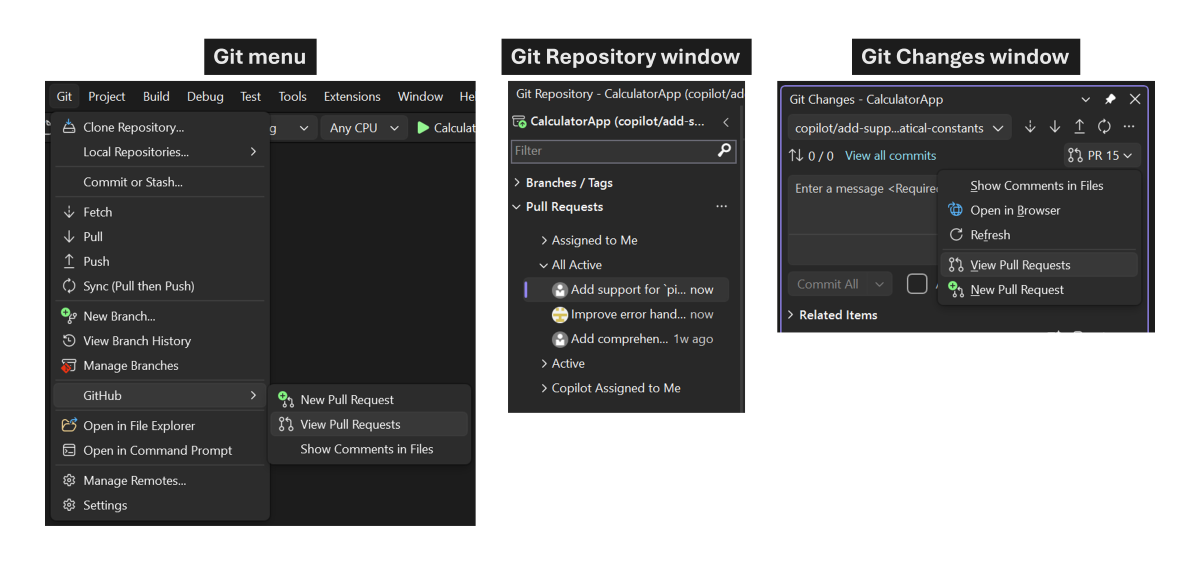 截圖顯示 Visual Studio 中三個拉取請求入口點：Git 選單、Git 倉庫視窗和 Git 變更視窗。