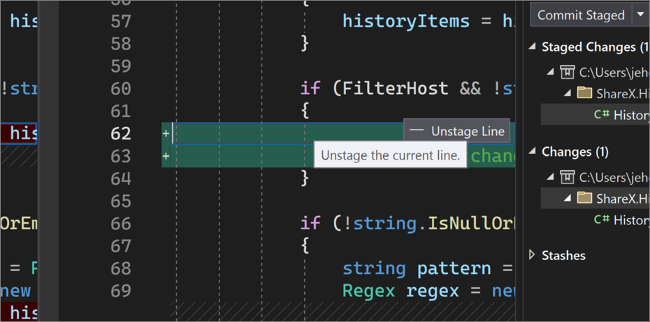 Screenshot of an example of how to unstage changes in Visual Studio 2022.