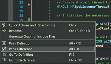 Screenshot of the right-click context menu in Visual Studio where you can select Peek Difference.