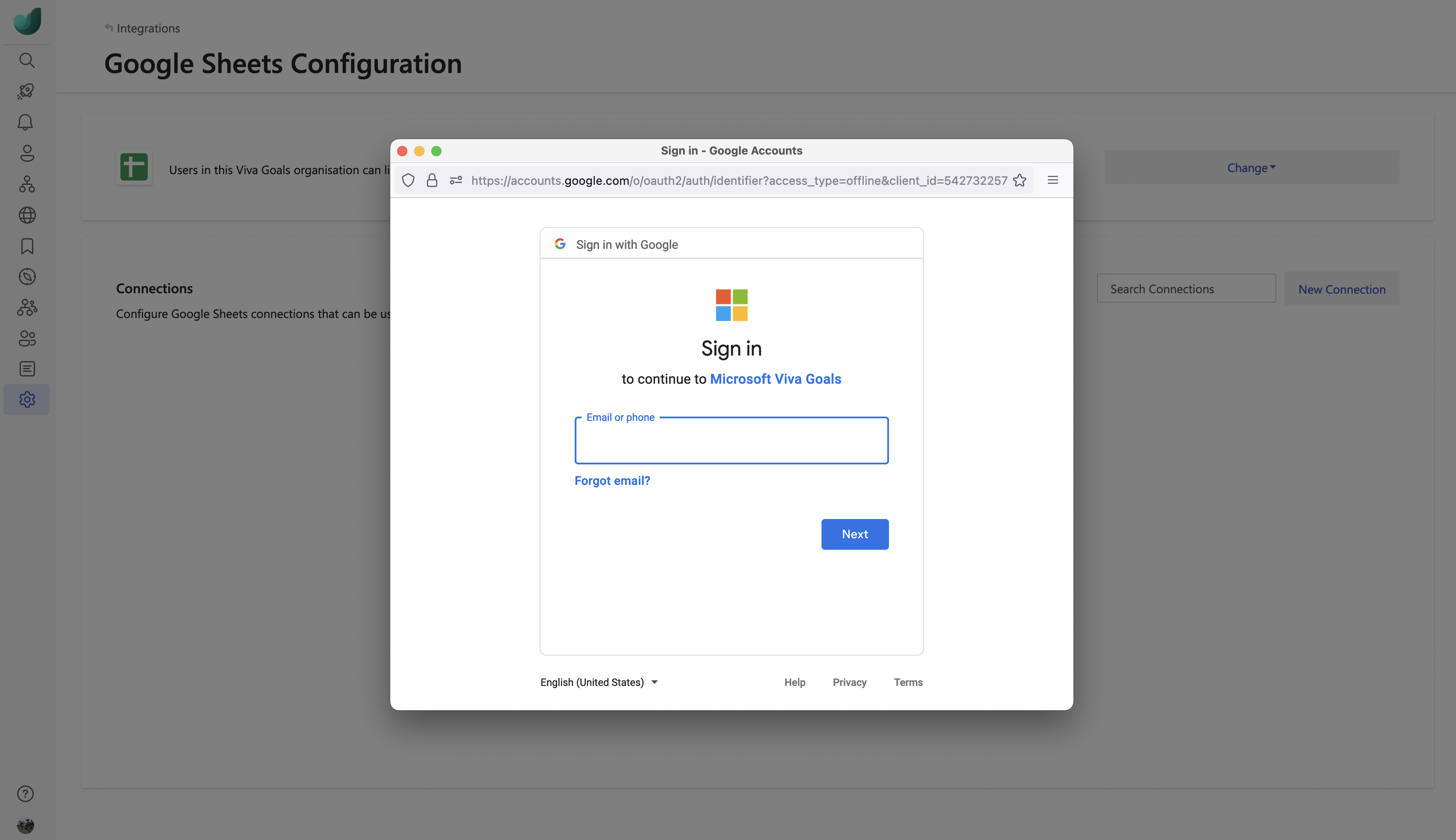 顯示如何在 Viva Goals 中使用 Google Sheets 登入的螢幕擷取畫面。