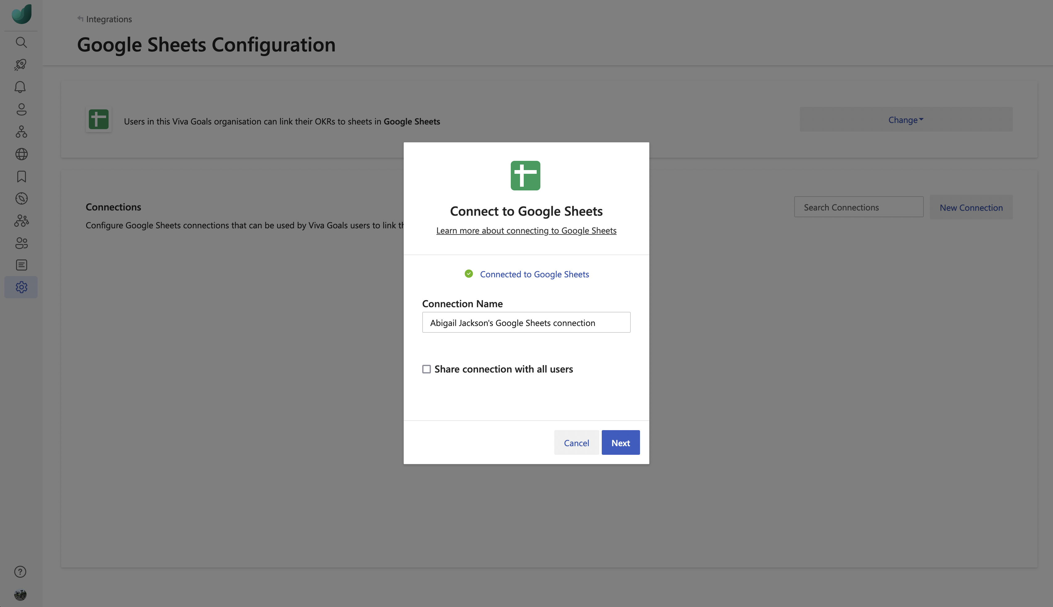 此螢幕擷取畫面顯示您在 Viva 目標中為新的 Google Sheets 連線命名的位置。
