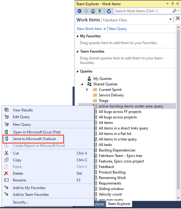 Team Explorer 的螢幕快照，選擇 [傳送至 Microsoft Outlook 查詢] 選項。