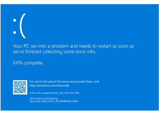 Windows 10 藍色畫面的螢幕快照，其中顯示具有 QR 代碼的錯誤檢查。