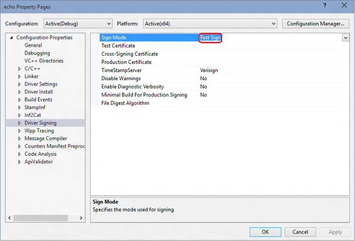 Visual Studio 中 echo 屬性頁的螢幕快照，其中醒目提示簽署模式設定。