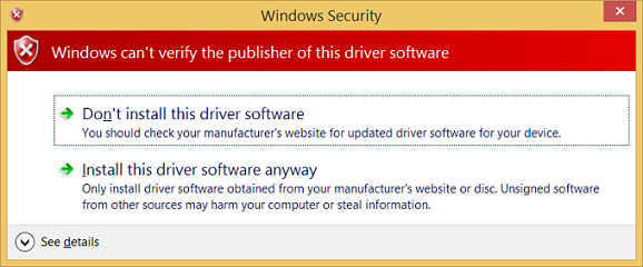 指出 Windows 無法驗證驅動程式軟體發行者的 Windows 安全性 警告螢幕快照。