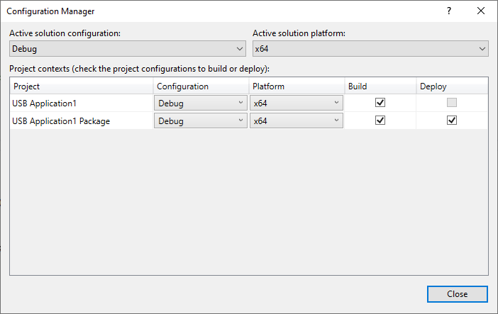 顯示 [Configuration Manager] 視窗的螢幕快照，其中已選取 [偵錯] 和 [x64]。