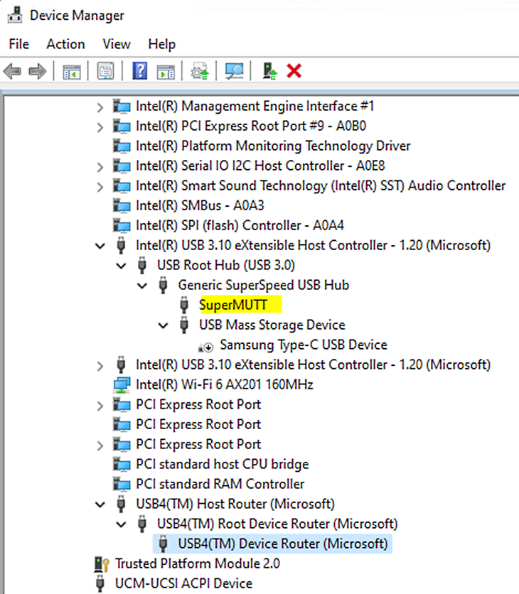 已醒目提示 SuperMUTT 裝置的 Windows 裝置管理員螢幕擷取畫面。