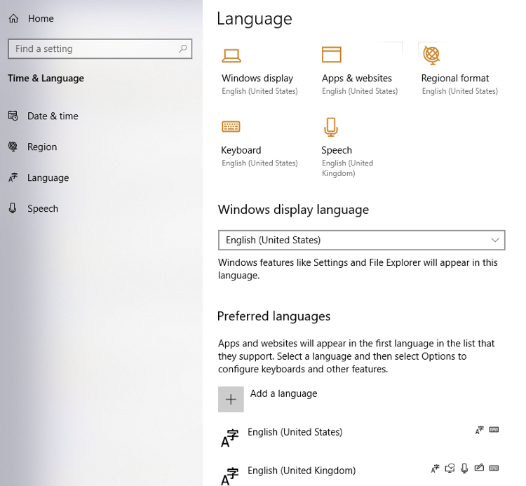 新的概觀區段可讓您快速知道哪些語言已選取為其 Windows 顯示器的預設值。