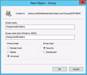 Screenshot that shows where to enter the group name in the New Object - Group dialog box.