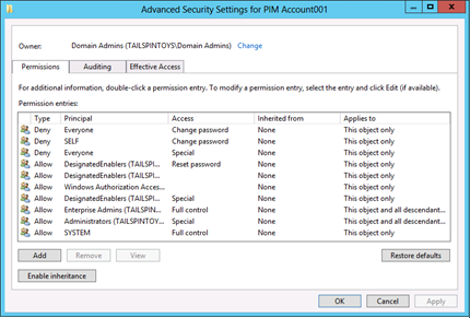 Screenshot that shows the Advanced Security Settings dialog box.