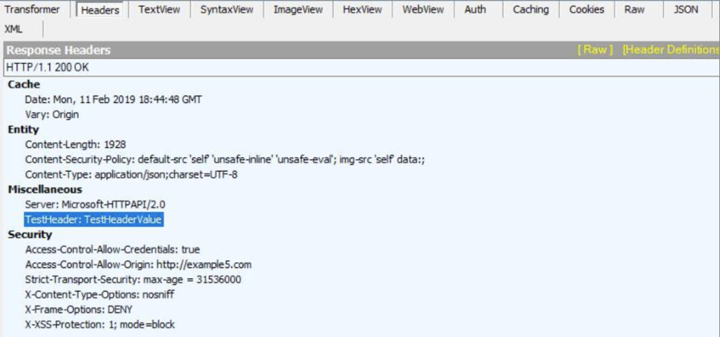 Fiddler 在[標頭]索引標籤上的螢幕快照，其中突出顯示 Miscellaneous 類下的 TestHeader：TestHeaderValue。