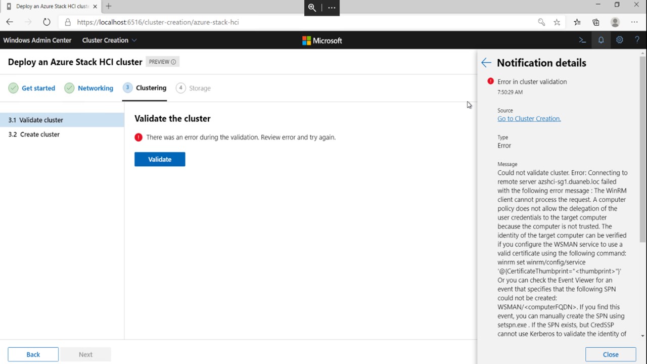 Windows Admin Center 叢集中 Cred S S P 錯誤訊息的螢幕快照，當使用者嘗試驗證叢集時可能會出現。