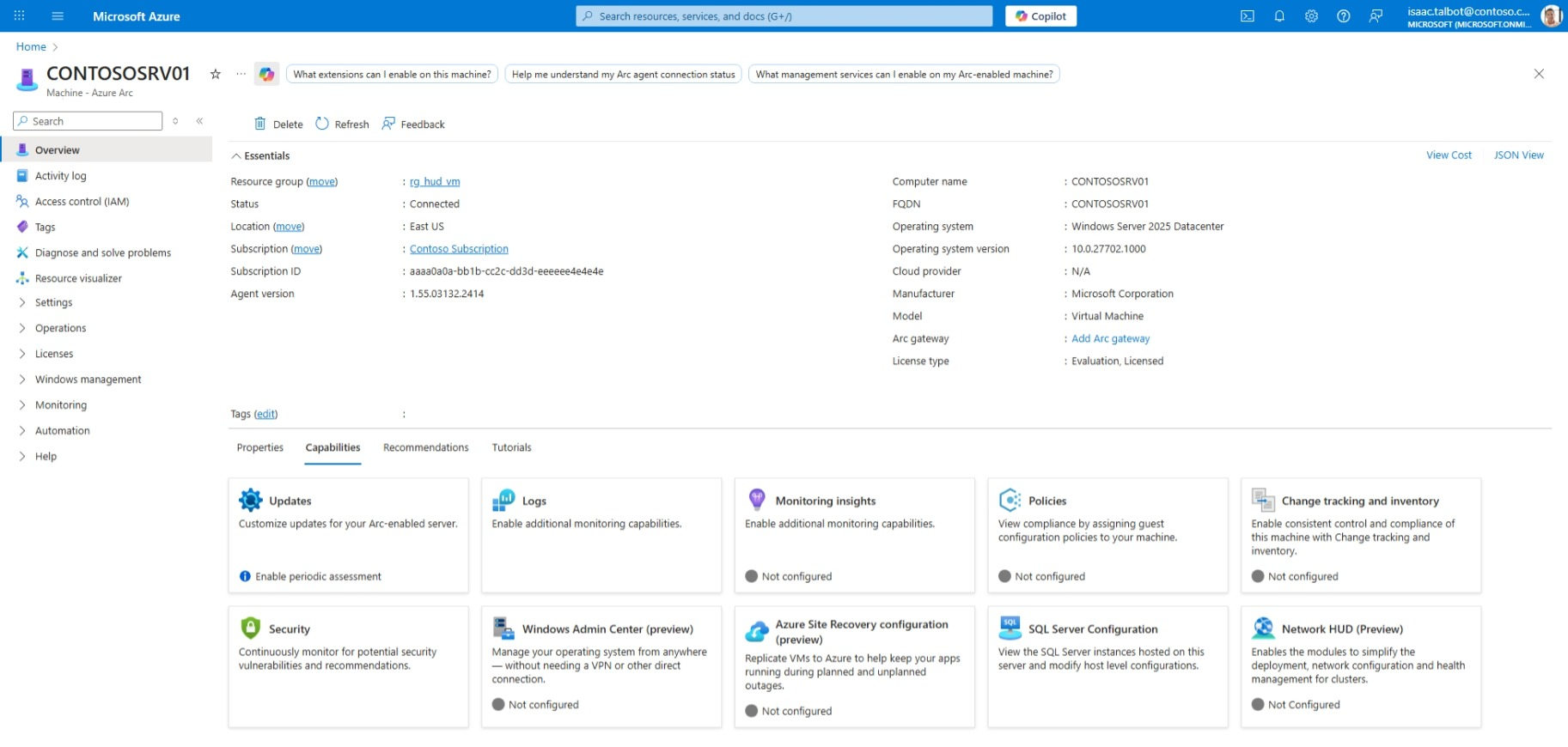 Azure Portal Machines - Azure Arc 頁面的截圖，顯示啟用前的網路 HUD 延伸圖塊。