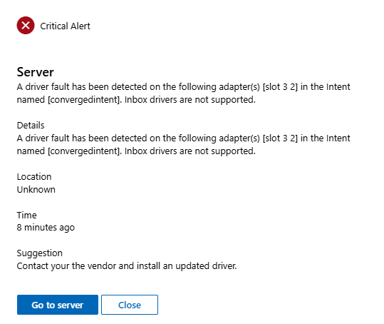 Windows 管理中心網路 HUD 警示故障細節窗格截圖，顯示欄位及建議的修復措施。