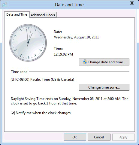 Screen shot showing the Date and Time Properties Control Panel item