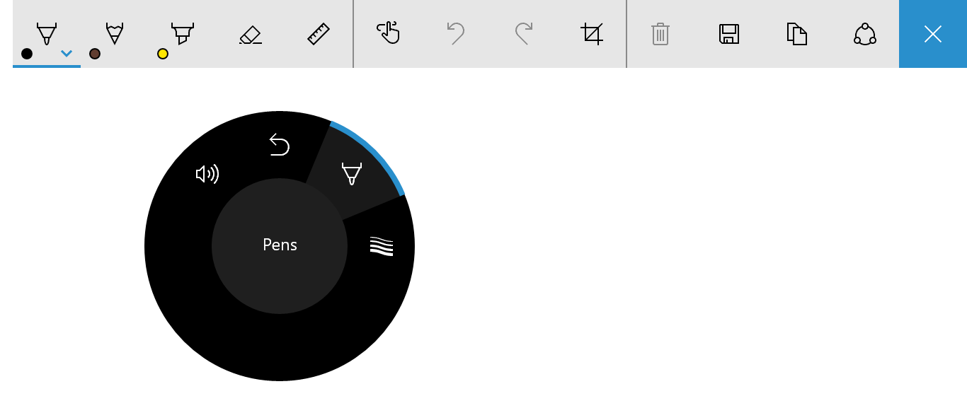 Surface Dial 功能表，其中包含 Windows Ink 工具列的筆選取工具