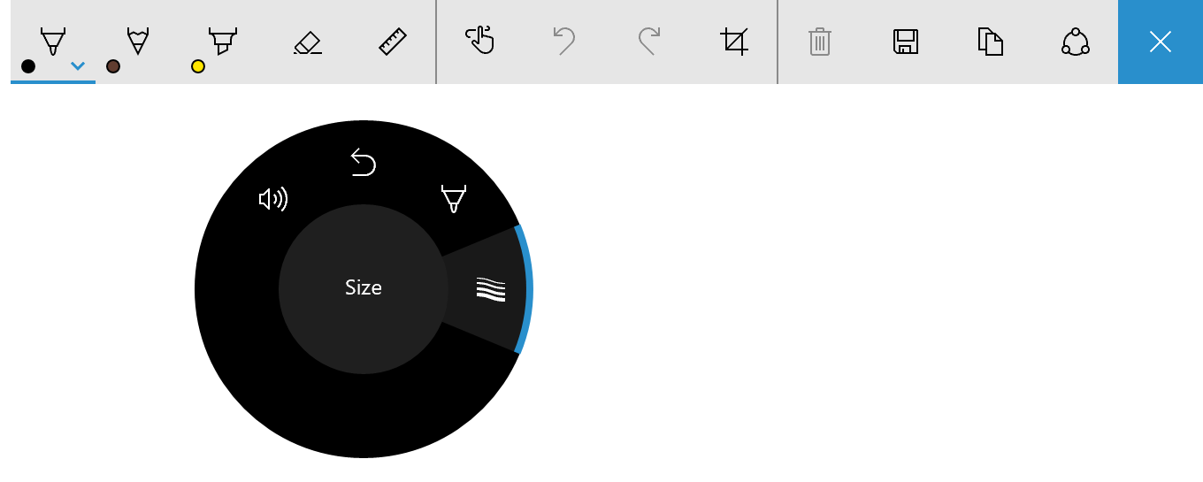 Surface Dial 功能表，其中包含 Windows Ink 工具列的筆劃大小工具