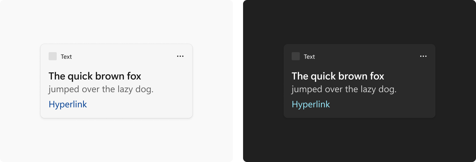 兩個小工具範例,顯示片語「The quick brown fox jumped over the lazy dog」和文字「超連結」。左側圖像具有淺色背景的深色文字。右側圖像具有深色背景的淺色文字。兩張圖片中的超連結文字均為藍色。