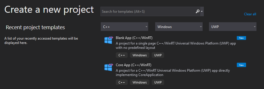 UWP C++ project templates