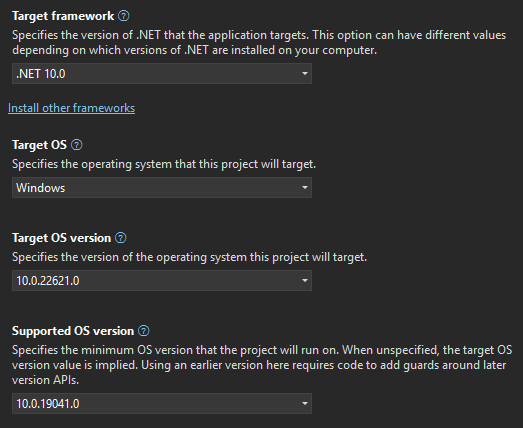 Visual Studio 中的目標框架設定。