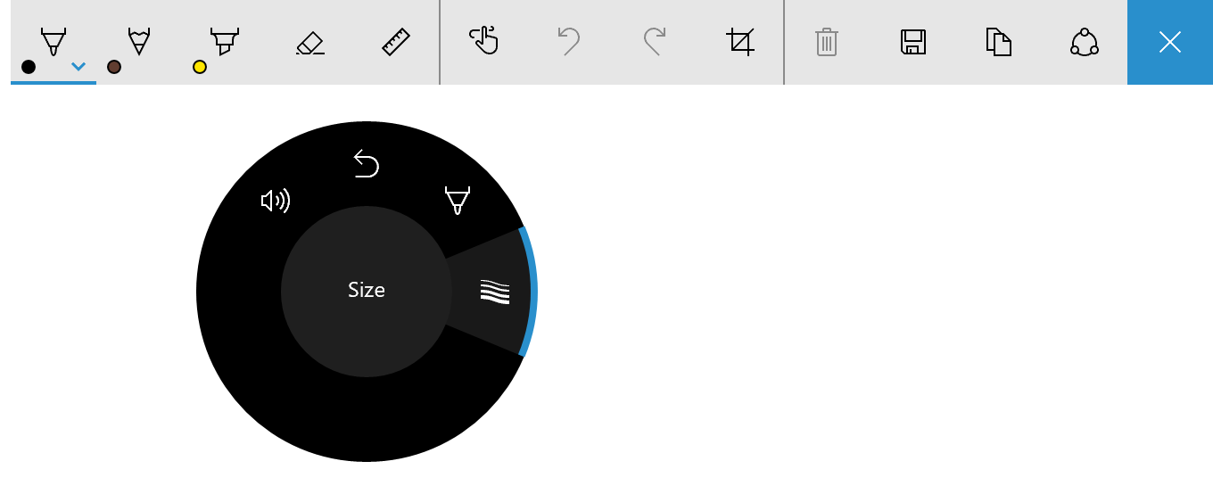 搭載筆劃大小工具的 Surface Dial 選單，用於 Windows Ink 工具列