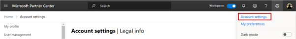 顯示 Microsoft Partner Center 的齒輪選單中的帳戶設定選項的螢幕截圖。