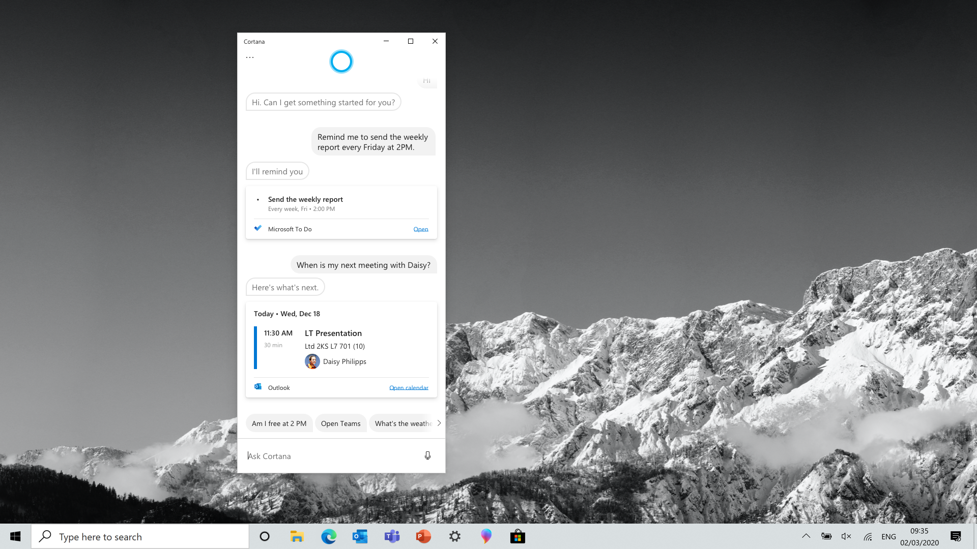 螢幕擷取畫面：Cortana 首頁範例