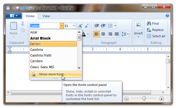Windows 7 文字板中字型系列清單的螢幕擷取畫面。