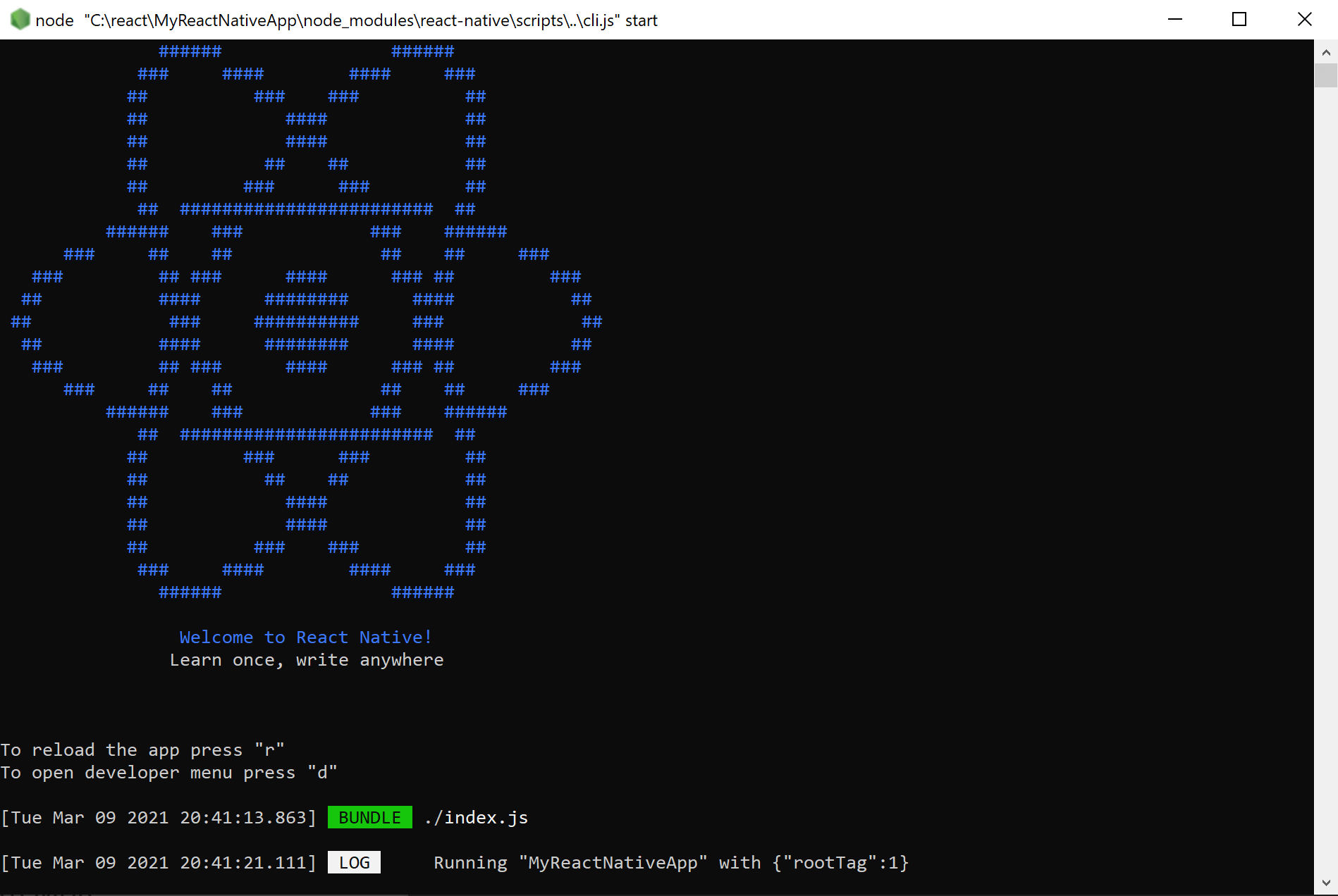 控制台視窗中 Metro Bundler 的螢幕快照