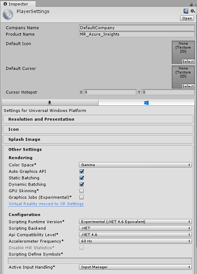 Screenshot of the Inspector tab showing details in the configuration section of Other Settings.