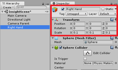 Screenshot of the Hierarchy and Inspector panels, the Transform section on the Inspector panel is highlighted.