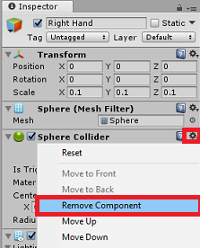 Screenshot of the Inspector panel, the gear icon and Remove Component are highlighted in the Sphere Collider section.
