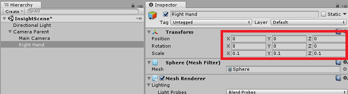 Screenshot of the Hierarchy panel with Right Hand selected, Transform settings are highlighted in the Inspector panel.