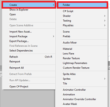 Screenshot of the Project panel showing Create and Folder highlighted.