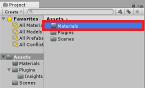Screenshot of the Project panel. Materials is highlighted in the Assets pane.