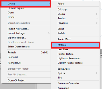 Screenshot of the Project panel showing Create and Material highlighted.