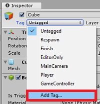 Screenshot of the Inspector panel showing the Add Tag option highlighted.