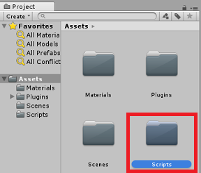 Screenshot of the Projects panel. The Scripts folder icon is highlighted in the Assets pane.