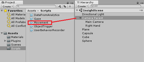 Screenshot of the Project and Hierarchy panels. Movement is highlighted.