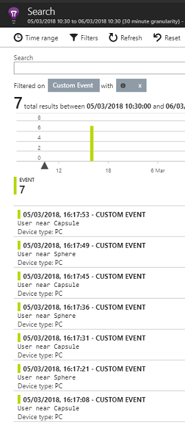 Screenshot of the Search panel showing the results of a custom event filter.