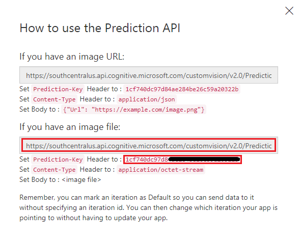 Screenshot that shows the prediction endpoint and the predition key.