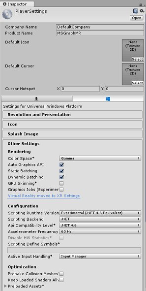 Screenshot that shows the Player Settings dialog box.