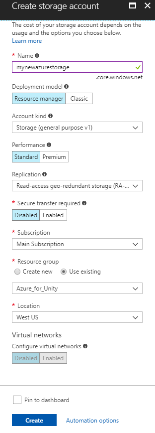 Screenshot of the Create storage account dialog, which shows the information that the user filled into the required text fields.